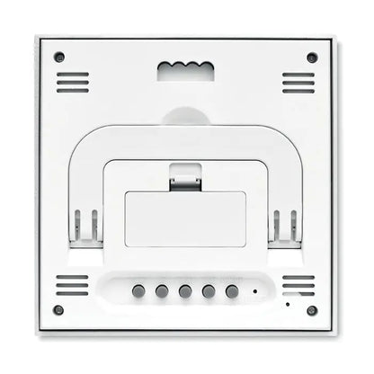 Statie meteo fata din bambus cu termostat alb dreptunghiular montat pe perete cu design minimalist si accente gri