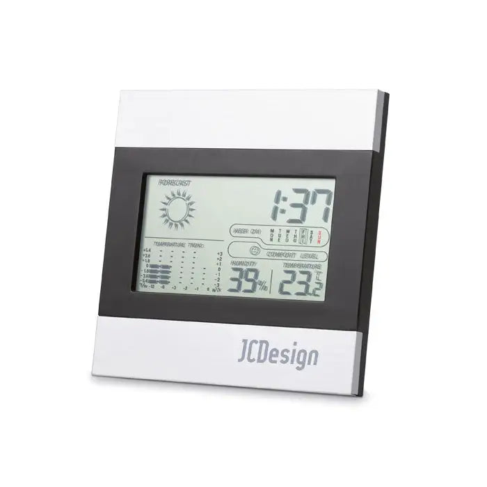 Statie meteo si ceas digitala alba si neagra cu logo argintiu pe panoul frontal dreptunghiular