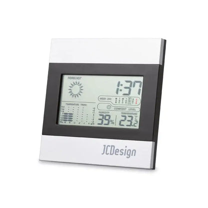 Statie meteo si ceas digitala alba si neagra cu logo argintiu pe panoul frontal dreptunghiular