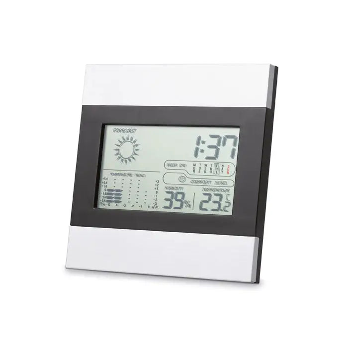 Statie meteo si ceas digital modern cu rama neagra si alba, afisaj timp, temperatura, umiditate si prognoza