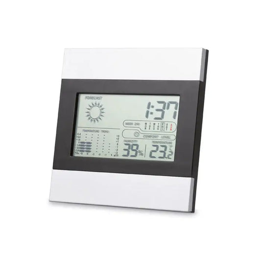 Statie meteo si ceas digital modern cu rama neagra si alba, afisaj timp, temperatura, umiditate si prognoza