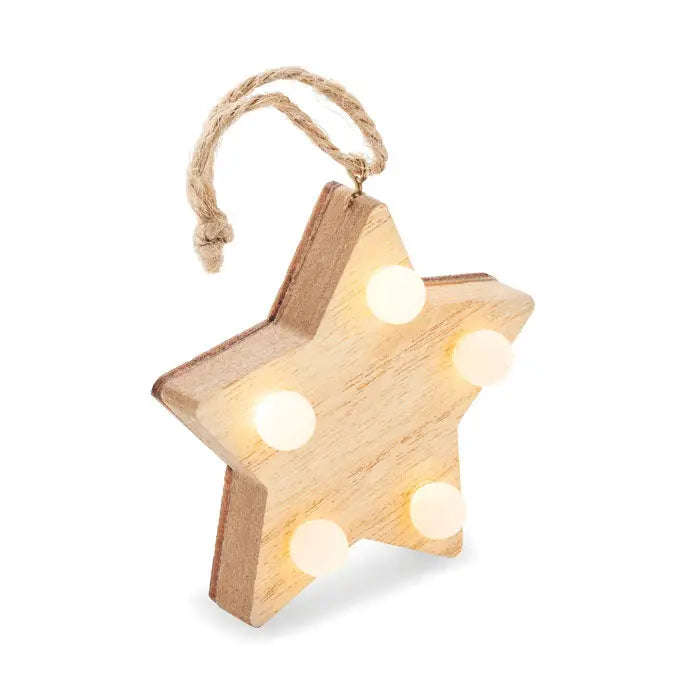 Stea de buruieni din lemn rustic cu cinci lumini led albe integrate si snur natural pentru agatat
