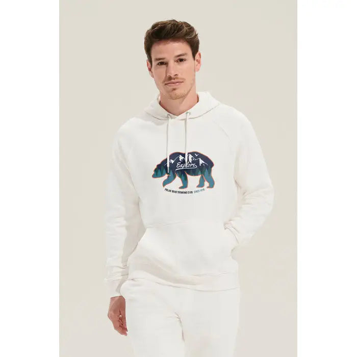 Hanorac alb cu glugă unisex stellar cu grafică urs albastru și text explore pe piept