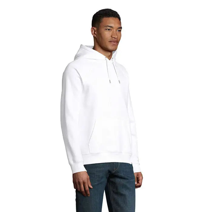 Hanorac unisex stellar alb cu gluga, buzunar frontal si snururi, ideal pentru purtare casual