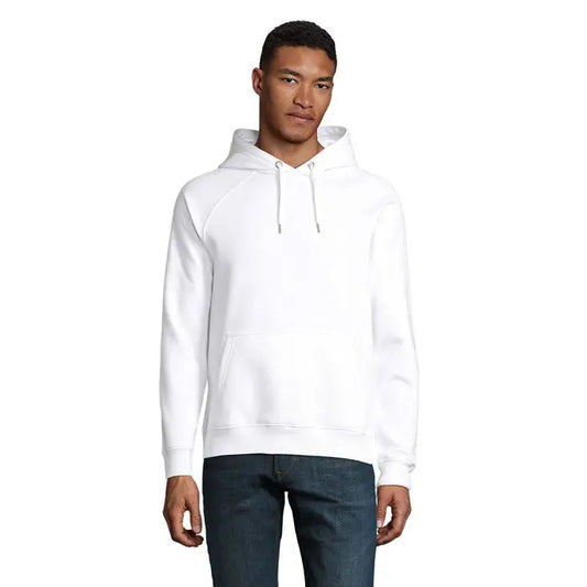 Hanorac unisex stellar alb cu gluga, buzunar frontal si snururi, ideal pentru purtare casual