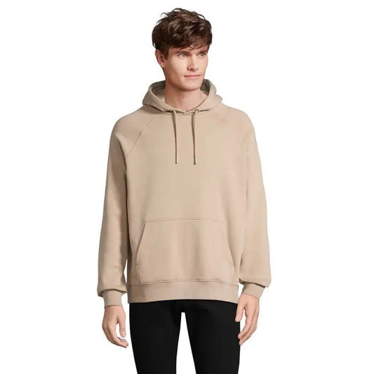Bluza bej unisex cu glugă stellar sweat cu buzunar kangaroo și manșete și tiv cu textură reiată