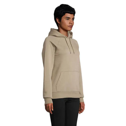 Beige sweatshirt cu gluga unisex stellar cu snur si buzunar frontal din material moale