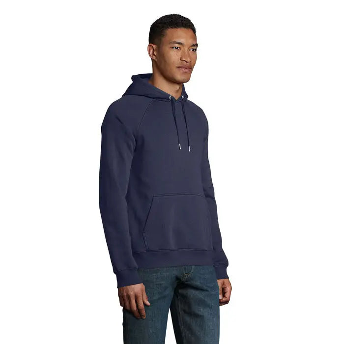 Hanorac unisex stellar albastru inchis cu gluga, snururi si buzunar frontal din material confortabil