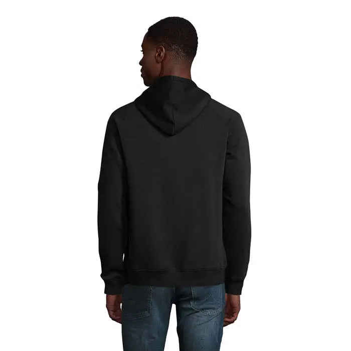Hanorac negru stellar cu gluga unisex din material texturat moale si maneci striate