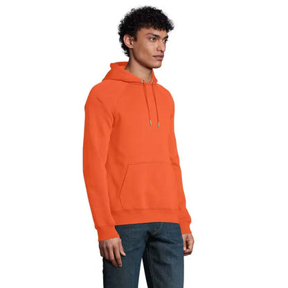 Sweatshirt unisex stelar portocaliu cu gluga, buzunar frontal si snururi pentru ajustare usoara