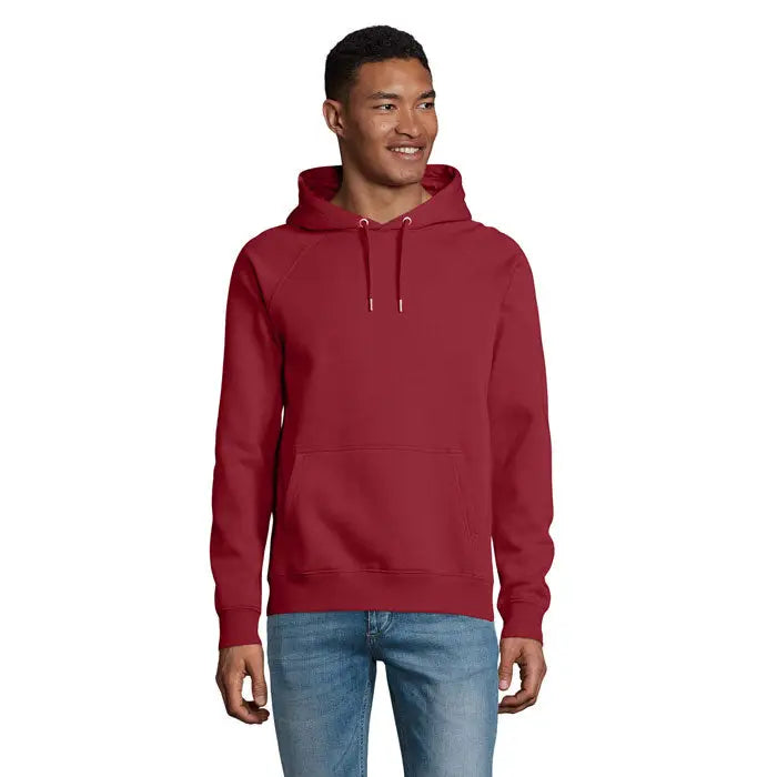 Hanorac unisex stellar sweatshirt roșu solid cu glugă, mâneci lungi, buzunar frontal și șnururi albe