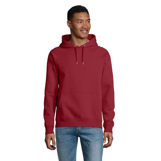 Hanorac unisex stellar sweat cu glugă roșu, mâneci lungi, buzunar frontal și șnururi albe din bumbac