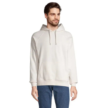 Sweatshirt unisex stellar cu gluga off-white, moale, cu buzunar frontal si snururi asortate