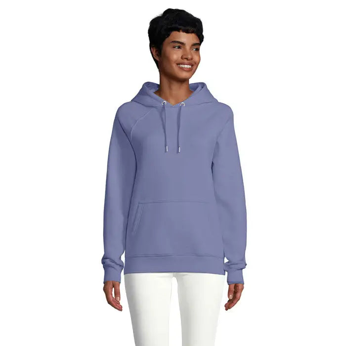 Hanorac unisex stellar lavanda cu gluga, buzunar frontal si snururi, din material moale si confortabil