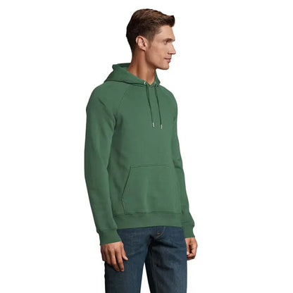 Hanorac unisex stellar verde cu gluga, buzunar frontal si snururi asortate din material solid