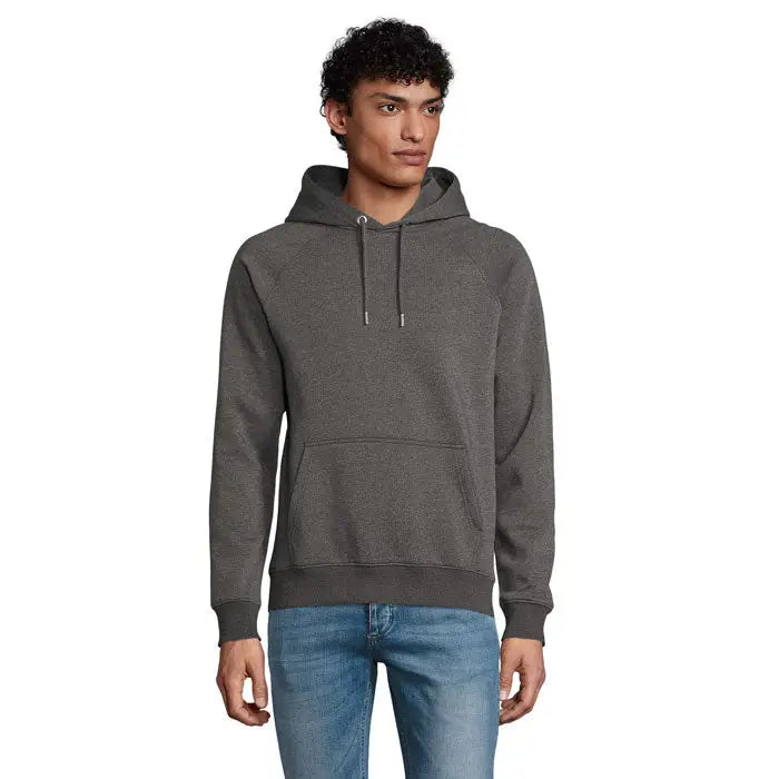 Hanorac unisex stellar sweat cu gluga din bumbac finisaj heather gri inchis cu buzunar frontal si snur la gluga