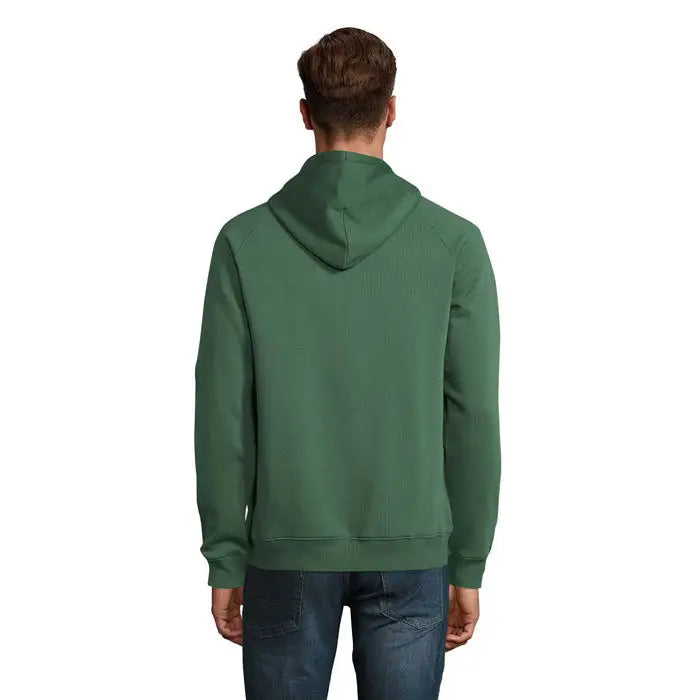Sweatshirt unisex stellar verde închis cu glugă mâneci lungi și manșete tip reiat