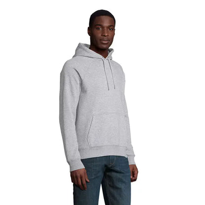 Sweatshirt unisex heather gri cu gluga, buzunar frontal si snur la gluga din material moale si confortabil