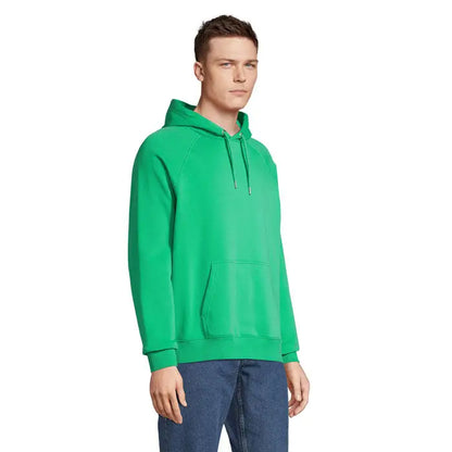 Un hanorac unisex stellar verde vibrant cu gluga, buzunar frontal si snururi asortate