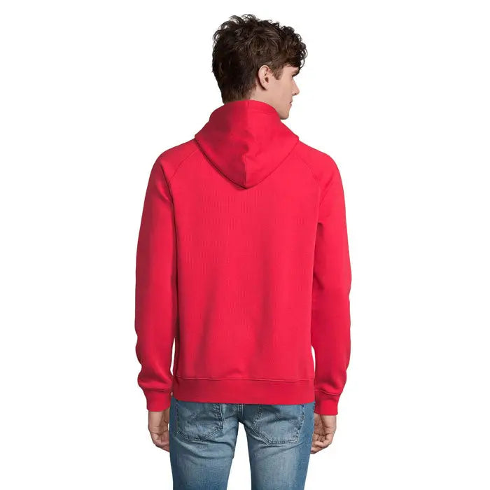 Hanorac unisex STELLAR roșu vibrant cu glugă din țesătură moale de bumbac cu manșete și tiv ribbate
