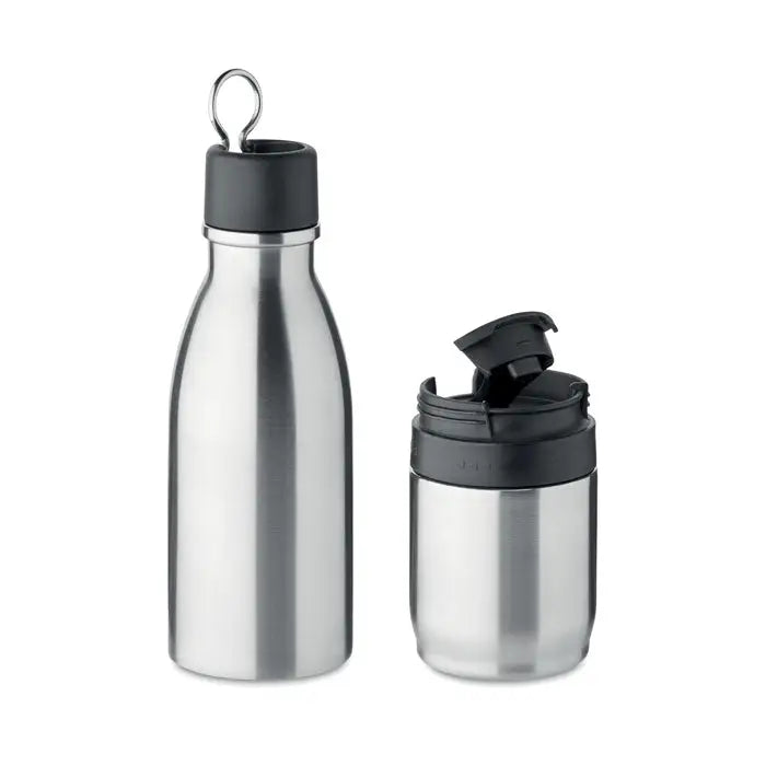 Sticlă 2 în 1 din oțel inoxidabil cu perete dublu 500 ml cu capac negru și borcan de călătorie cu capac rabatabil