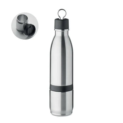 Sticla 2 in 1 cu perete dublu de 500 ml sticla din otel inoxidabil cu banda neagra cauciucata si capac cilindric