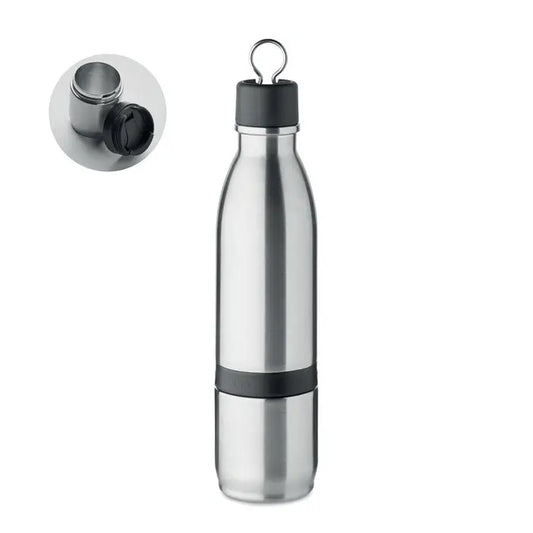 Sticla 2 in 1 cu perete dublu de 500 ml sticla din otel inoxidabil cu banda neagra cauciucata si capac cilindric