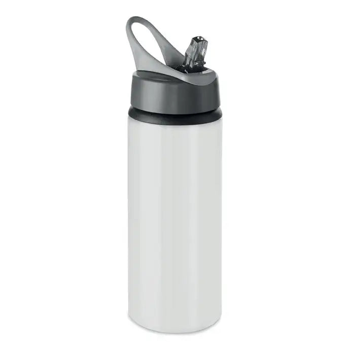 Sticla aluminiu 600 ml alba cu capac sport gri si negru cu mustiuc pliabil si agatatoare personalizabila