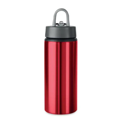 Sticlă aluminiu roșie de 600 ml cu mustiuc pliabil și capac agățătoare gri cu mâner integrat