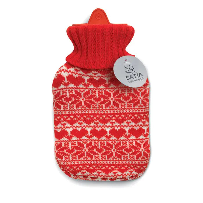 Sticla apa calda 310ml cu husa tricotata rosie model nordic si guler din tricot asortat