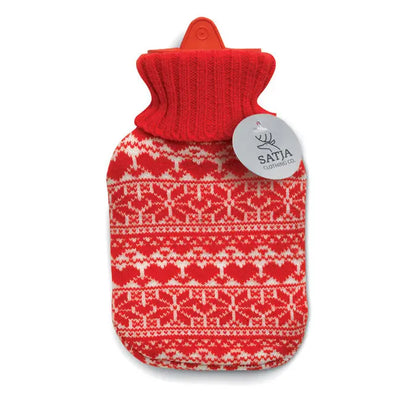 Sticla apa calda 310ml cu husa tricotata rosie model nordic si guler din tricot asortat