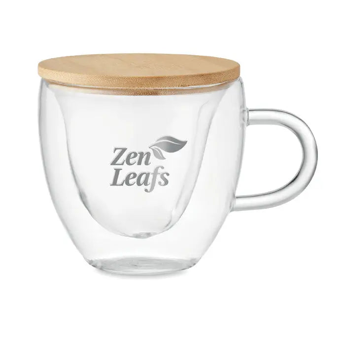 Sticla borosilicata cu perete dublu transparenta cu capac de bambus si logo zen leaves gravat gri