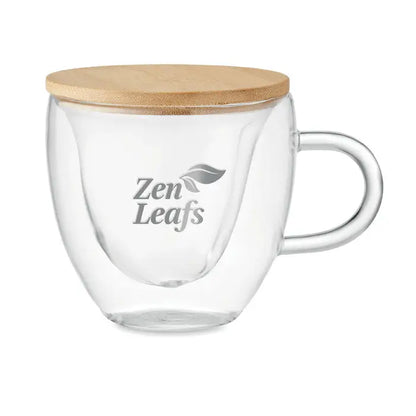 Sticla borosilicata cu perete dublu transparenta cu capac de bambus si logo zen leaves gravat gri