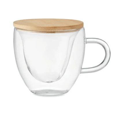 Sticlă borosilicată cu perete dublu și capac de bambus deschis la culoare pentru băuturi calde