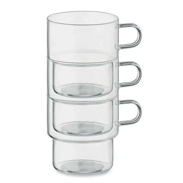 Stivă de patru căni de sticlă borosilicată inaltă 300 ml cu mâner metalic lucios transparent