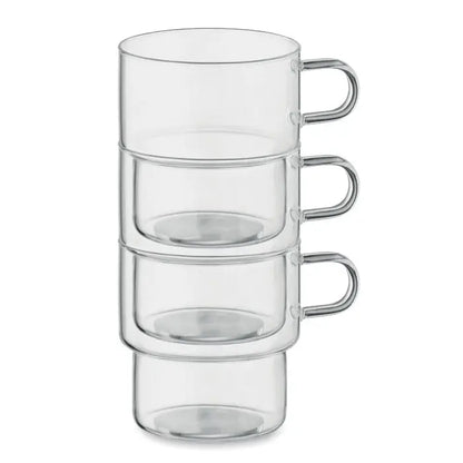 Stivă de patru căni de sticlă borosilicată inaltă 300 ml cu mâner metalic lucios transparent