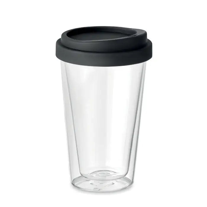 Sticla borosilicata inalta 350ml transparenta cu perete dublu si capac negru din silicon pentru calatorii