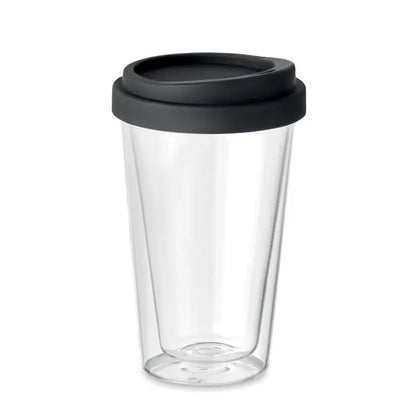 Sticla borosilicata inalta 350ml transparenta cu perete dublu si capac negru din silicon pentru calatorii