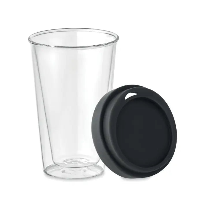 Sticla borosilicata inalta 350ml un pahar de calatorie din sticla dubla transparenta cu capac negru din silicon