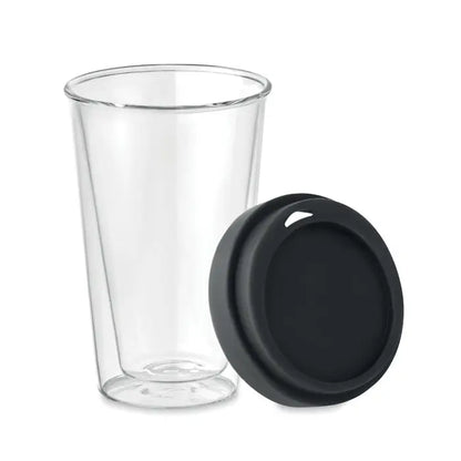 Sticla borosilicata inalta 350ml un pahar de calatorie din sticla dubla transparenta cu capac negru din silicon