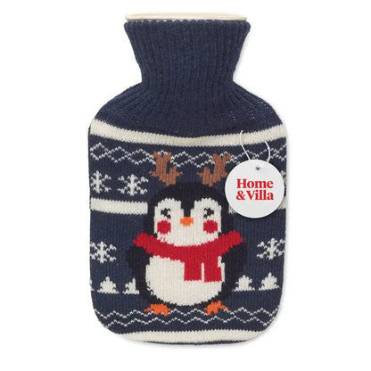 Sticla cu apa calda 250ml cu husa tricotata albastru inchis cu pinguin festiv cu coarne de ren si model fulgi de zapada