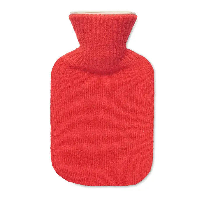 Sticla cu apa calda 250ml cu husa rosie tricotata, textura tip nervuri si guler inalt si strans