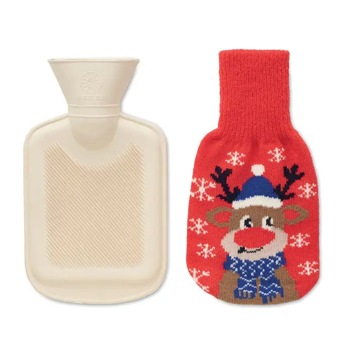 Sticla cu apa calda 250ml din cauciuc crem cu husa rosie de iarna cu ren si fulgi de zapada