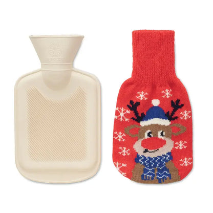Sticla cu apa calda 250ml din cauciuc crem cu husa rosie de iarna cu ren si fulgi de zapada