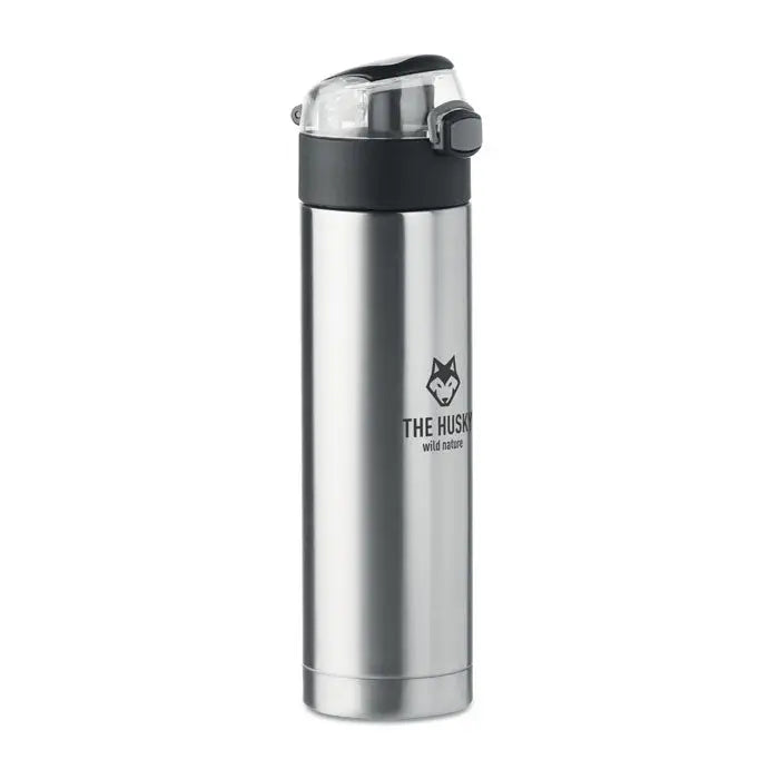 Sticla cu perete dublu de 400 ml din oțel inoxidabil argintiu cu capac flip-top negru și transparent și branding the husky wild nature