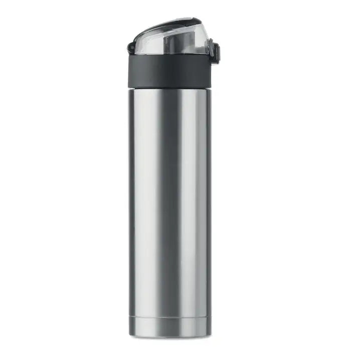 Sticla cu perete dublu de 400 ml din otel inoxidabil cu capac negru transparent tip flip-top