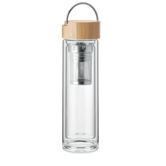 Sticla cu perete dublu de 400 ml transparenta cu capac din bambus si infuzor metalic pentru calatorii