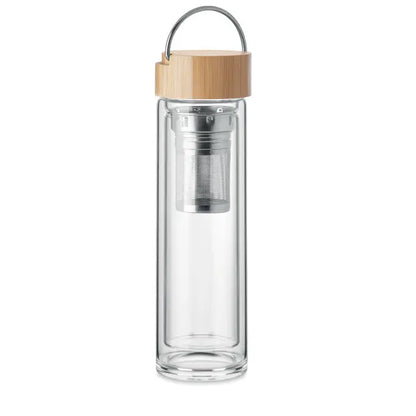 Sticla cu perete dublu de 400 ml transparenta cu capac din bambus si infuzor metalic pentru calatorii