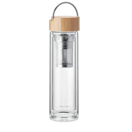 Sticla cu perete dublu de 400 ml transparenta cu capac din bambus si infuzor metalic pentru calatorii