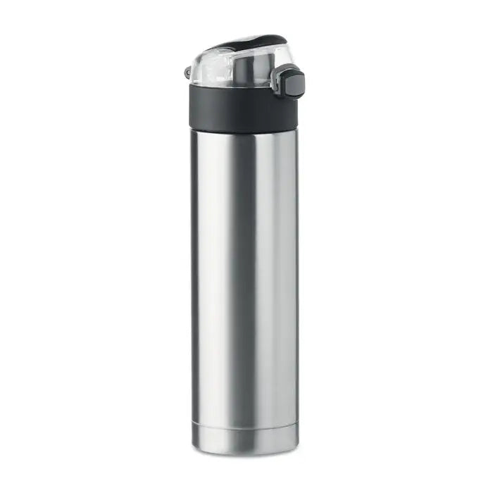 Sticla cu perete dublu de 400 ml din otel inoxidabil argintiu cu capac flip-top negru transparent